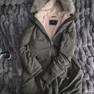 DKNY Olive Green Parka with Faux Fur Hood